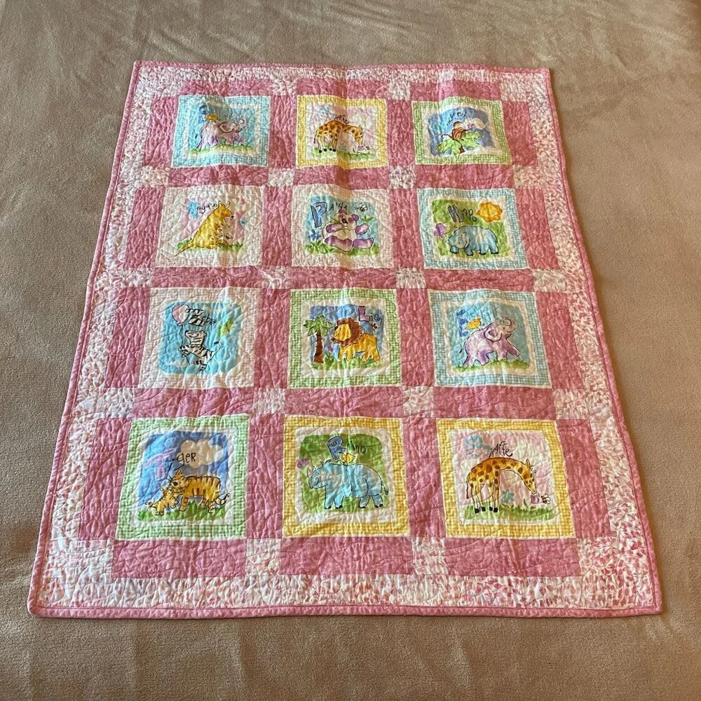 Vintage Handmade Baby Quilt Blanket Animal & Letter Squares Multipurpose 31x39